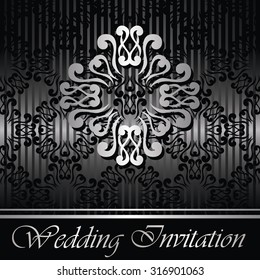Wedding invitation with vintage pattern on seamless background. Luxury design. Silver decoration. Striped background. Place for text  