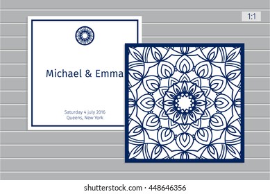 Wedding invitation with a vintage pattern. Square envelope and card for laser cutting or die cutting template. Vector illustration.