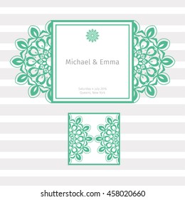 Wedding invitation with a vintage pattern. Square envelope and card for laser cutting or die cutting template. Vector illustration used for plotter cutting.