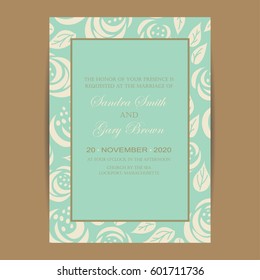 Wedding Invitation with Vintage Roses. Size: 5" x 7". Seamless pattern is masked.