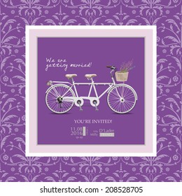 Wedding invitation in vintage style and lilac shades. Bike - a tandem with a basket of lavender.