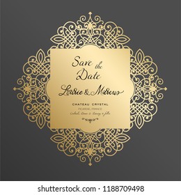  Wedding Invitation Vintage. Template for laser cutting. Vector illustration. Gold ornament.
