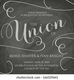 Wedding Invitation Vintage Typographic Background On Blackboard With Chalk