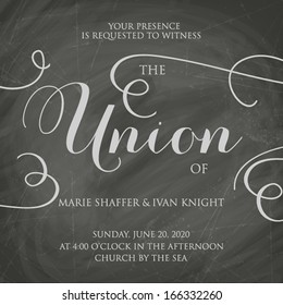 Wedding Invitation Vintage Typographic Background On Blackboard With Chalk