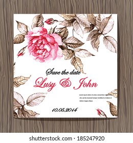 Wedding invitation with vintage watercolor rose.  Vector illustration for greeting cards, invitations, and other printing and web projects.