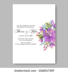 Wedding invitation violet hibiscus tropical floral vector background template