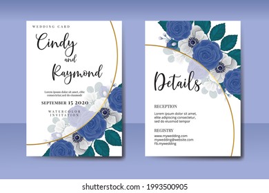 Wedding invitation watercolor Digital hand drawn Blue Rose and Peony Flower design Invitation Card Template