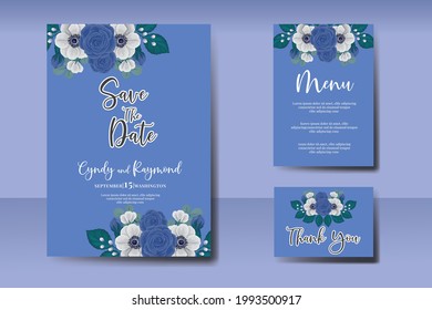Wedding invitation watercolor Digital hand drawn Blue Rose and Peony Flower design Invitation Card Template
