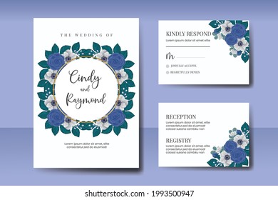 Wedding invitation watercolor Digital hand drawn Blue Rose and Peony Flower design Invitation Card Template