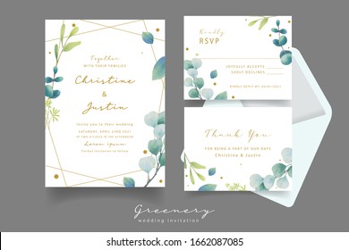 wedding invitation with watercolor eucalyptus leaves