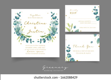 wedding invitation with watercolor eucalyptus leaves