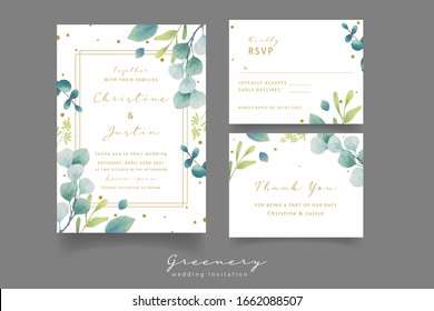 wedding invitation with watercolor eucalyptus leaves