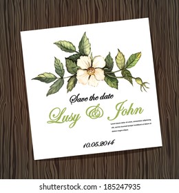 Wedding invitation with watercolor flower rose hips. Vector illustration for greeting cards, invitations, and other printing and web projects.