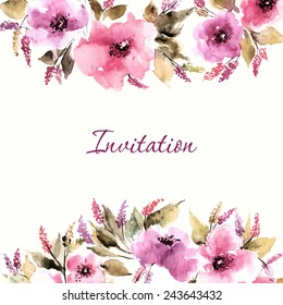 Wedding invitation with watercolor flowers. Birthday floral card. Floral background. Watercolor floral bouquet. Floral decorative frame.