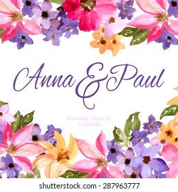 Wedding invitation with watercolor flowers. Birthday card. Floral background. Floral decorative frame.