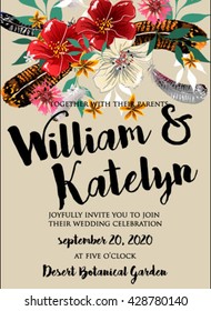 Wedding invitation with watercolor flowers and feather.