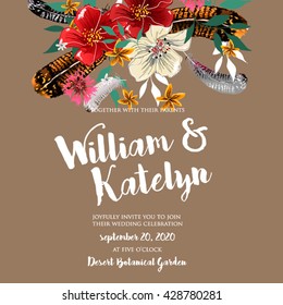 Wedding invitation with watercolor flowers and feather.