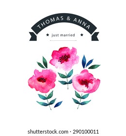 Wedding invitation with watercolor flowers. Hand painting. Illustration for greeting cards, invitations, and other printing projects.