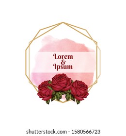 Wedding Invitation with Watercolor Flowers. Vintage Style Wedding Invitation Card Template Design with Red Roses and Pink Watercolor Background.