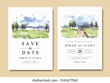 Wedding invitation of watercolor green nature landscape with garden fence and road 