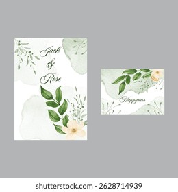 Wedding invitation watercolor, isolated on white with green, greenery color. Hand drawn Vector Watercolor style