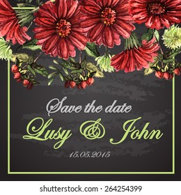 Wedding invitation with watercolor red flowers. Hand painting. Illustration for greeting cards, invitations, and other printing projects. 