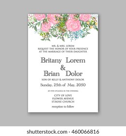 Wedding invitation with watercolor rose flower and laurel  in wreath