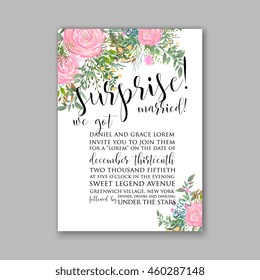 Wedding invitation with watercolor rose flower and laurel in wreath
