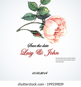 Wedding invitation with watercolor rose. Vector illustration. Illustration for greeting cards, invitations, and other printing projects. 