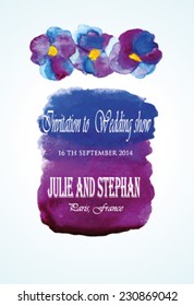 Wedding invitation watercolor vector isolated. Watercolor illustration of violet  pansy flowers. Design of flowers 
