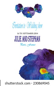 Wedding invitation watercolor vector isolated. Watercolor illustration of violet  pansy flowers. Design of flowers 