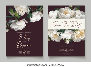 Wedding invitation with watercolor white Peony flowers and leaves, isolated on dark elegant background. Vector Watercolor.