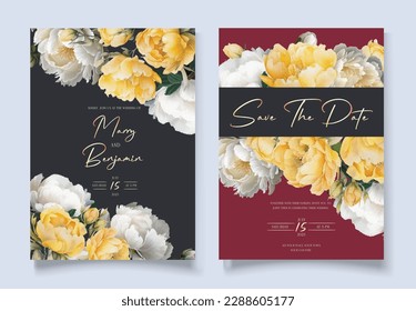 Wedding invitation with watercolor white Peony flowers and leaves, isolated on dark elegant background. Vector Watercolor.