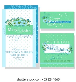 Wedding invitation with white backdrop and blue flowers. Design of Thank You Cards after wedding