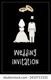 Wedding invitation with white bride's dress and white groom's suit, wedding rings on black background.