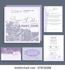 Wedding invitation with white elegant roses and ribbon lilac color. Design of the RSVP