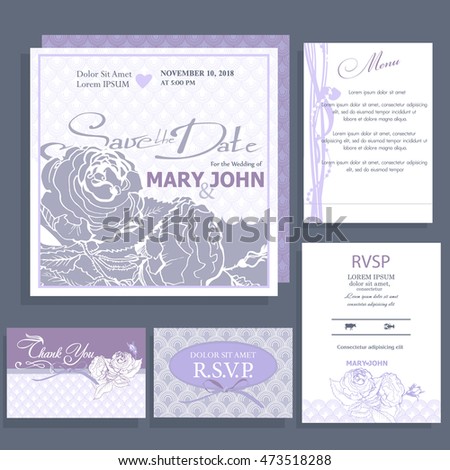 Wedding invitation with white elegant roses and ribbon lilac color. Design of the RSVP