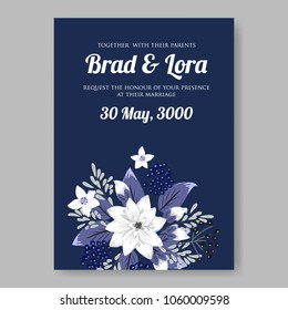 Wedding invitation white floral vector on blue background
