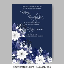 Wedding invitation white jasmine floral vector blue background template