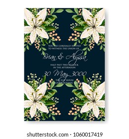 Wedding invitation white lilly floral vector background template