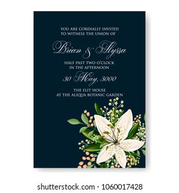 Wedding invitation white lilly floral vector background template