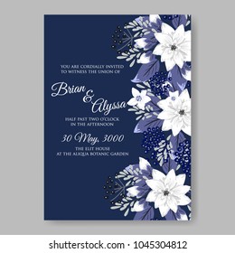 Wedding invitation White Lily anemone floral vector printable template card dark blue background