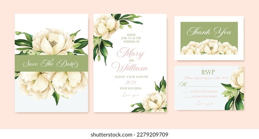 Wedding invitation with white Peony flowers and leaves, watercolor, isolated on white. Vector Watercolor.