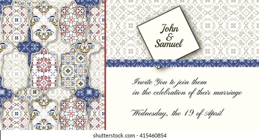 Wedding Invitation with White, Pink & Blue Decorative patchwork pattern Design. 