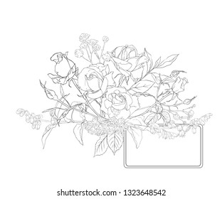 Wedding invitation with white roses and spring flowers.  Outline hand drawing vector illustration.