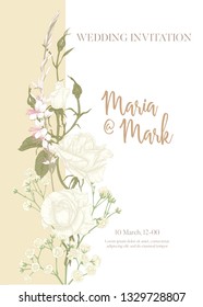 Wedding invitation with white roses and spring flowers.  Graphic drawing, engraving style. Vector illustration. In vintage soft color on blue background.