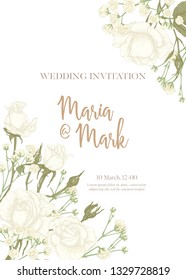 Wedding invitation with white roses and spring flowers.  Graphic drawing, engraving style. Vector illustration. In vintage soft color on blue background.