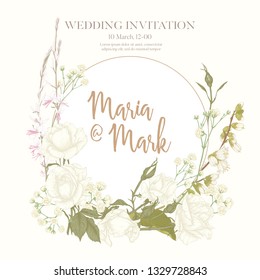 Invitación a la boda con rosas blancas y flores primaverales. Dibujo gráfico, estilo grabado. Ilustración vectorial. En color blando vintage sobre fondo azul.