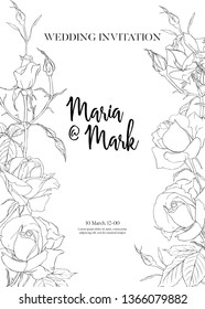 Wedding invitation with white roses and spring flowers.  Outline hand drawing vector illustration.