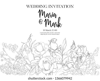 Wedding invitation with white roses and spring flowers.  Outline hand drawing vector illustration.